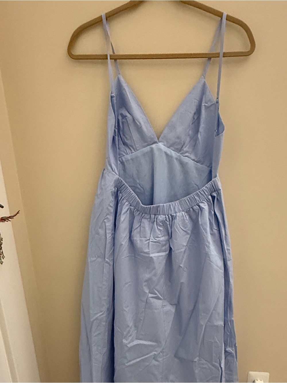 Light blue summer dress, midi, deep plunge, low back, lined, adjustable straps